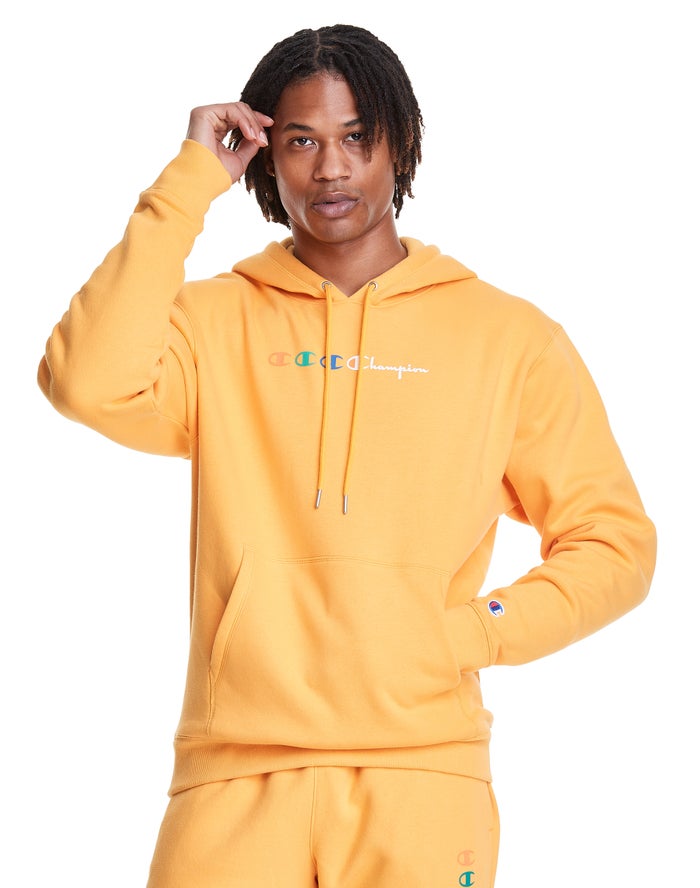 Champion Mens Hoodie NZ - Classic Fleece Triple Logo Yellow ( 9236-JNHCR )